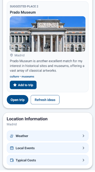aviaroute activities view showing saved trip activity details and place information