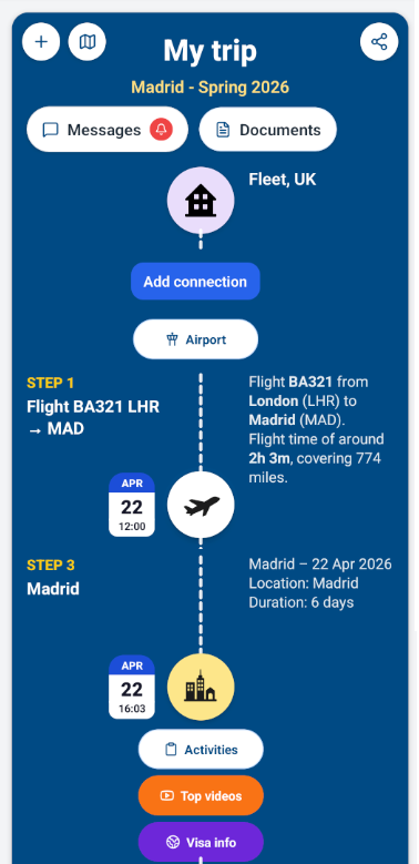 aviaroute trip planner timeline showing flights and stays organised in one trip view