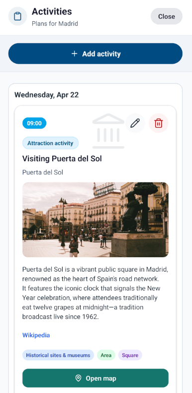 aviaroute suggested place card showing a preference-matched activity idea that can be added to a trip